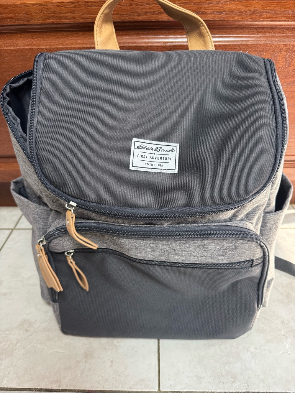 Eddie Bauer Diaper Bag Backpack Gray Canvas Backpack with Tan Accents